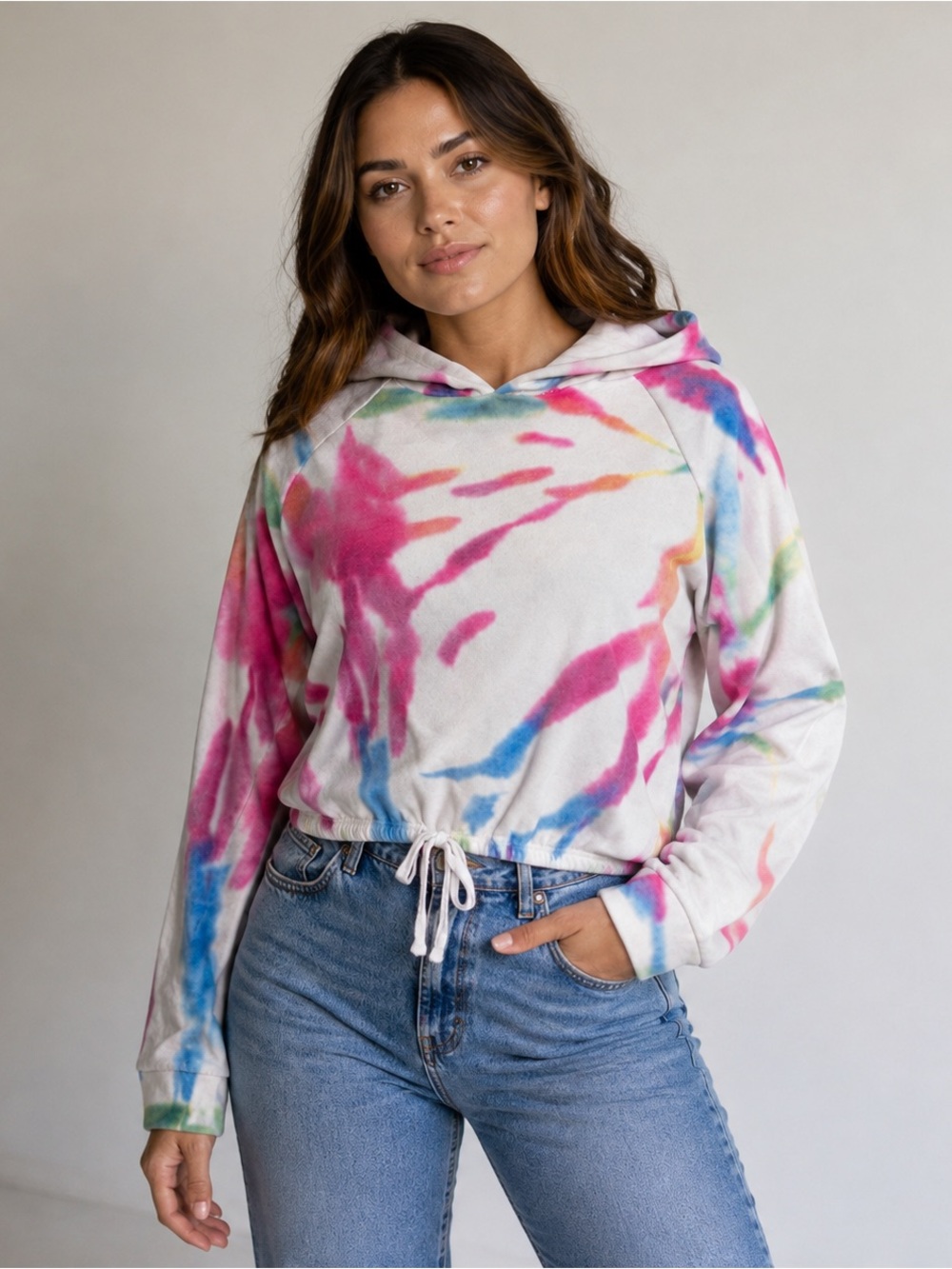 Poof Multicolor Tie-Dye Velour Cropped Hoodie Small
